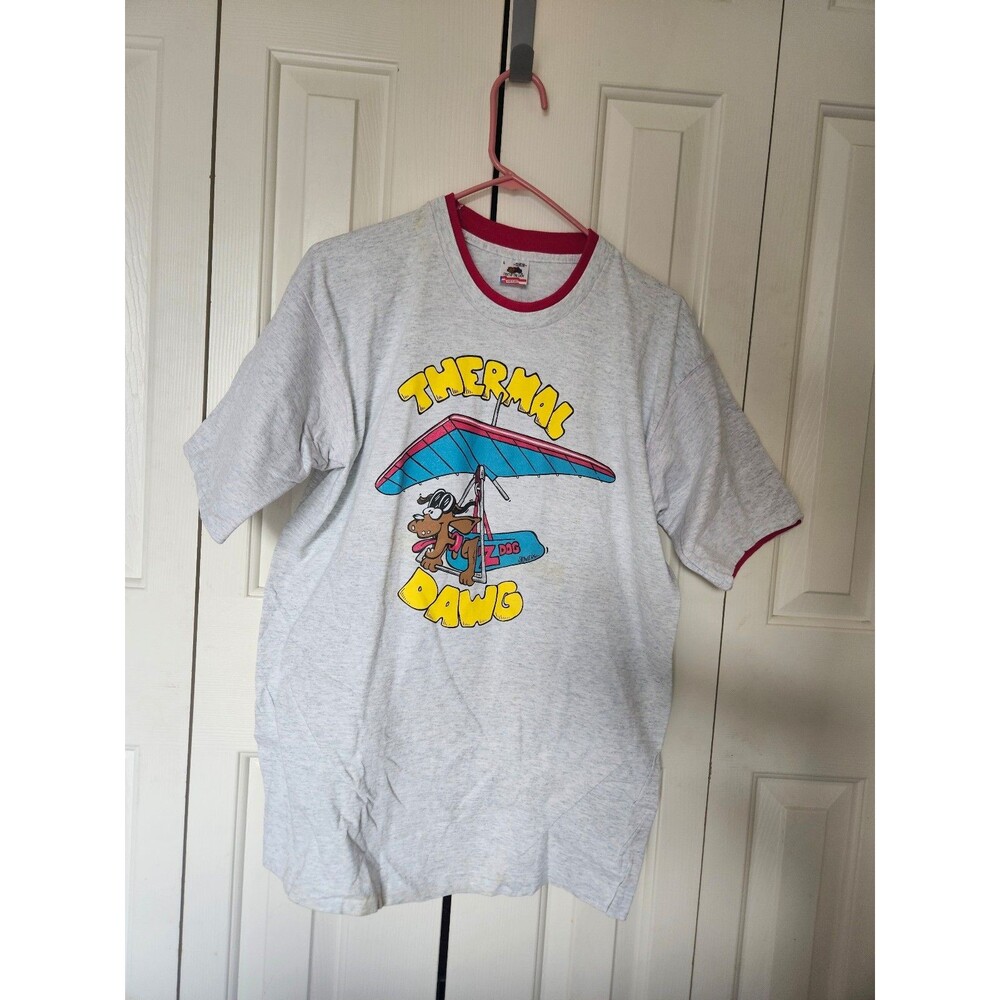 Vintage 90's dog thermal dawg hang glider gliding tee t shirt L grey